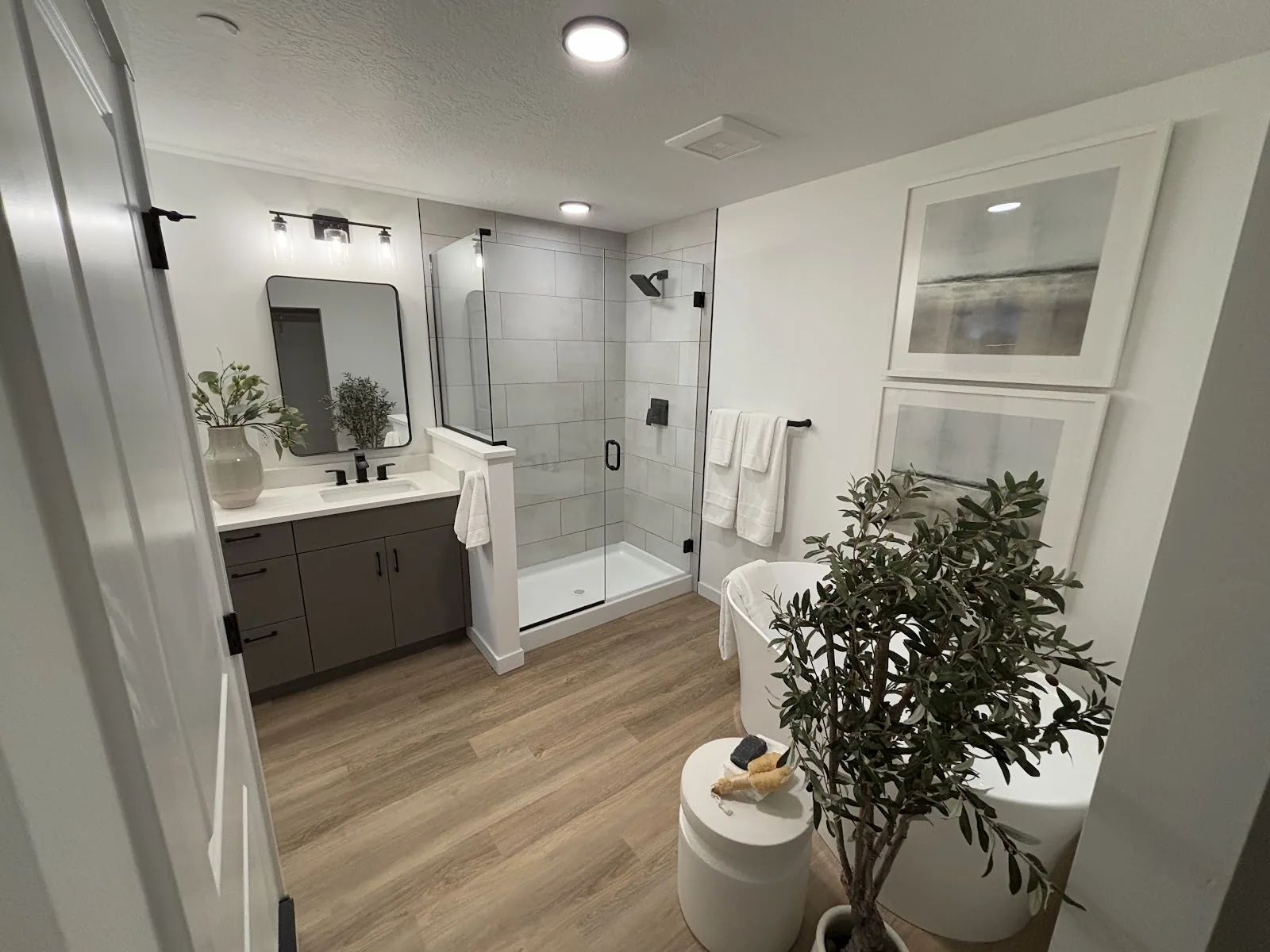 Wood-look luxury vinyl plank in a bathroom