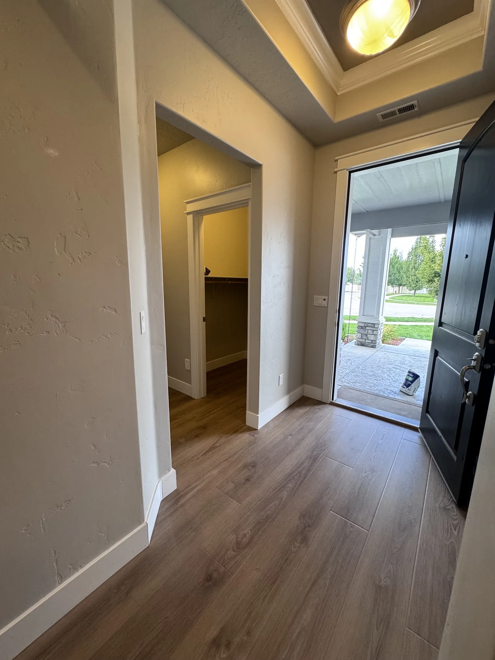 Luxury vinyl plank flooring in a sunlit entryway